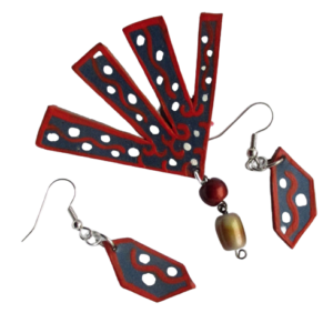 Modrá kožená souprava s vlnovkami. Brož a náušnice nepravidelného asymetrického tvaru vystřižené z kůže a malované akrylovou barvou. Na sytě modrém podkladu jsou bílé puntíky a cihlově červené vlnovkové rámování. Ze spodní strany je brož podlepená červenou plstí se spínacím špendlíkem. Komponenty jsou stříbrné barvy.