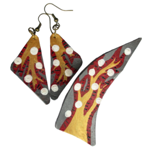 Kožená kvetoucí souprava s větvičkou. Brož a náušnice ve tvaru nepravidelných trojúhelníků s kresbou stylizované větvičky s květy vystřižené z kůže a malované šedou, zlatou,červenou, černou a bílou akrylovou barvou. Ze spodní strany brože je pomocí průhledného plastu připevněný brožový můstek zlaté barvy. Náušnice jsou zavěšeny na afroháčcích mosazné barvy.