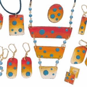 Smaltovaná souprava šperků s modrými puntíky – náušnice, brož, přívěsek a jehlice, ruční výroba