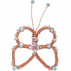 Drátkovaná brož ve tvaru motýla z měděného drátku s křišťálovými korálky