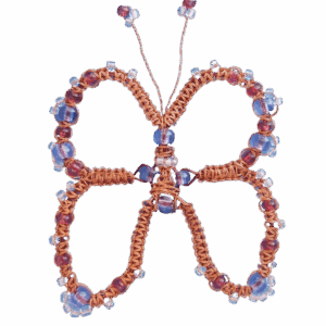Drátkovaná motýlí brož s červenými a fialovými korálky z měděného drátu