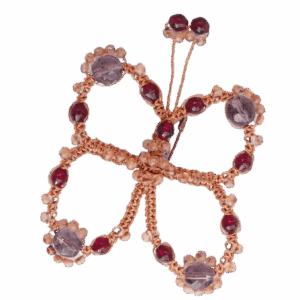 Drátkovaná motýlí brož s velkými fialovými korálky z měděného drátku, inspirovaná secesí