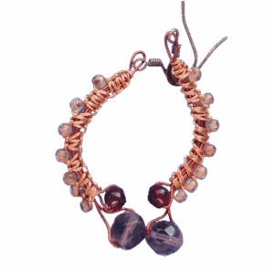 Drátkované náušnice s velkými fialovými korálky z měděného drátu, asymetrické, inspirované secesí