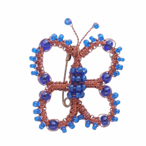 Drátkovaná motýlí brož s modrými korálky, malá brož z měděného drátku