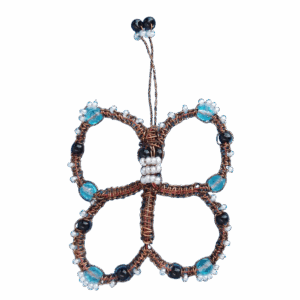 Drátkovaná souprava s velkými modrými korálky, brož a výrazné náušnice z měděného drátu