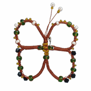 Drátkovaná motýlí brož s pestrobarevnými korálky z měděného drátku