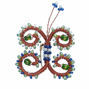 Drátkovaná motýlí brož s modrými a zelenými korálky z měděného drátku